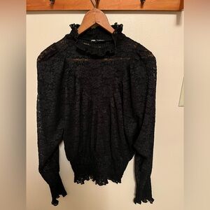 Zara Black Lace Blouse with Ruffle Neckline, Cinch Waist & Wrist - S